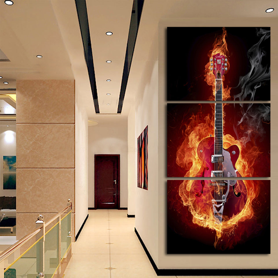 Burning Guitar 3 Panel Wall Art Canvas